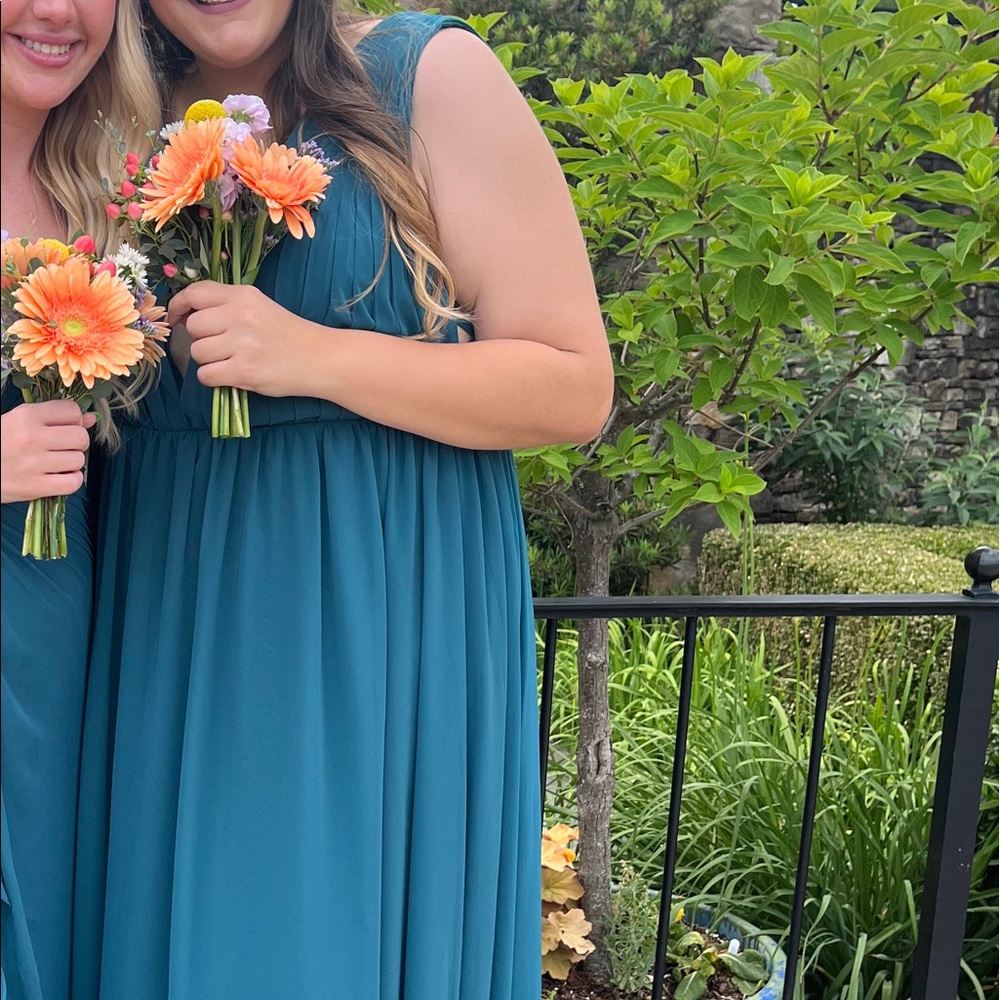 Floor length teal bridesmaids formal dress: Azazie Peacock